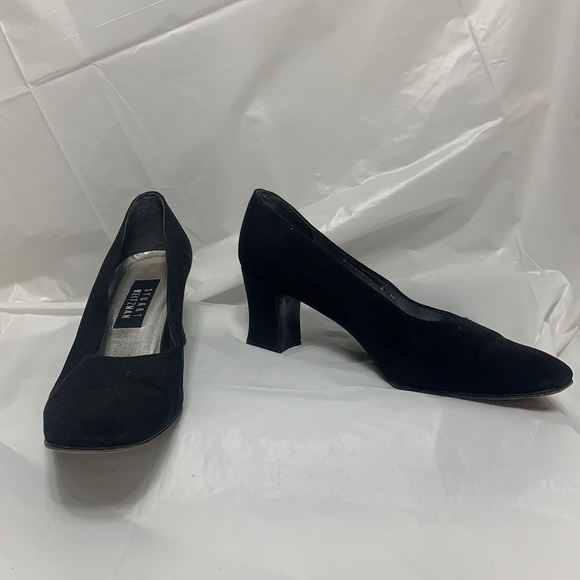 VINTAGE Stuart Weitzman Black Fabric Square Toe Slip On Heels Women’s Sz 8M - Picture 1 of 10